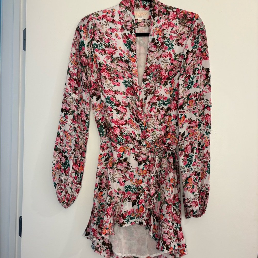 Rococo Sand Floral Wrap Mini Dress - Pink, Green, White